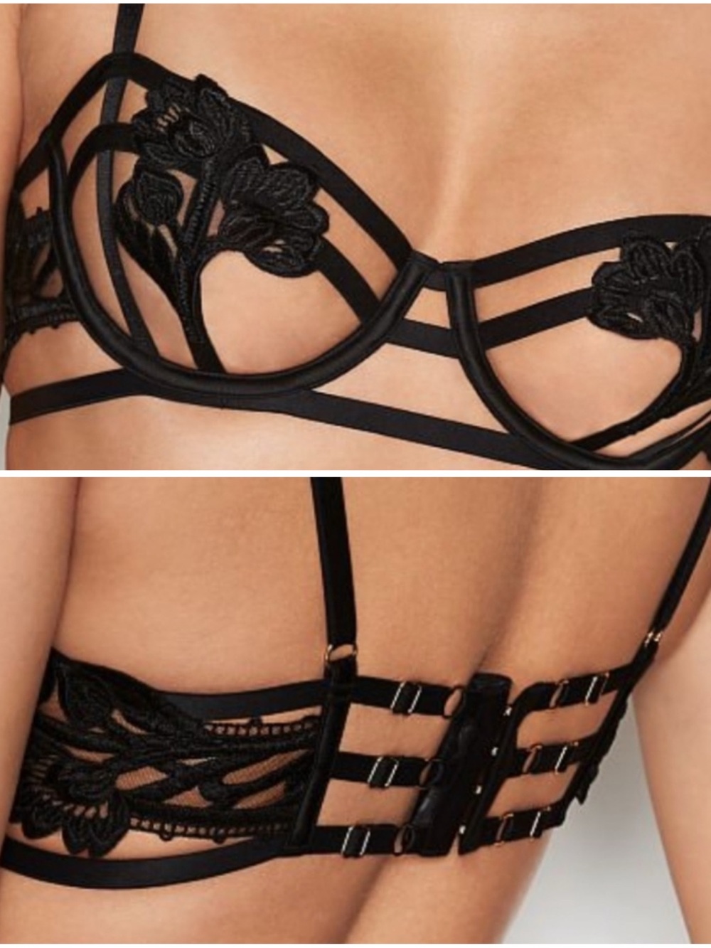 Victoria's Secret Black Strappy Embroidered Balconette Bra Open Cup 36D